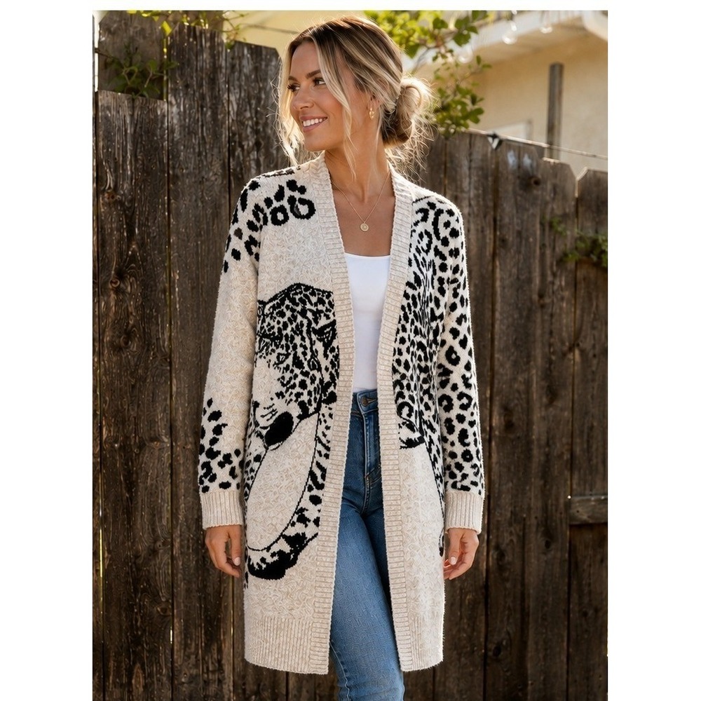 Cocobleu Leopard Cardigan Women Small Long Open Front Big Cat Animal Print